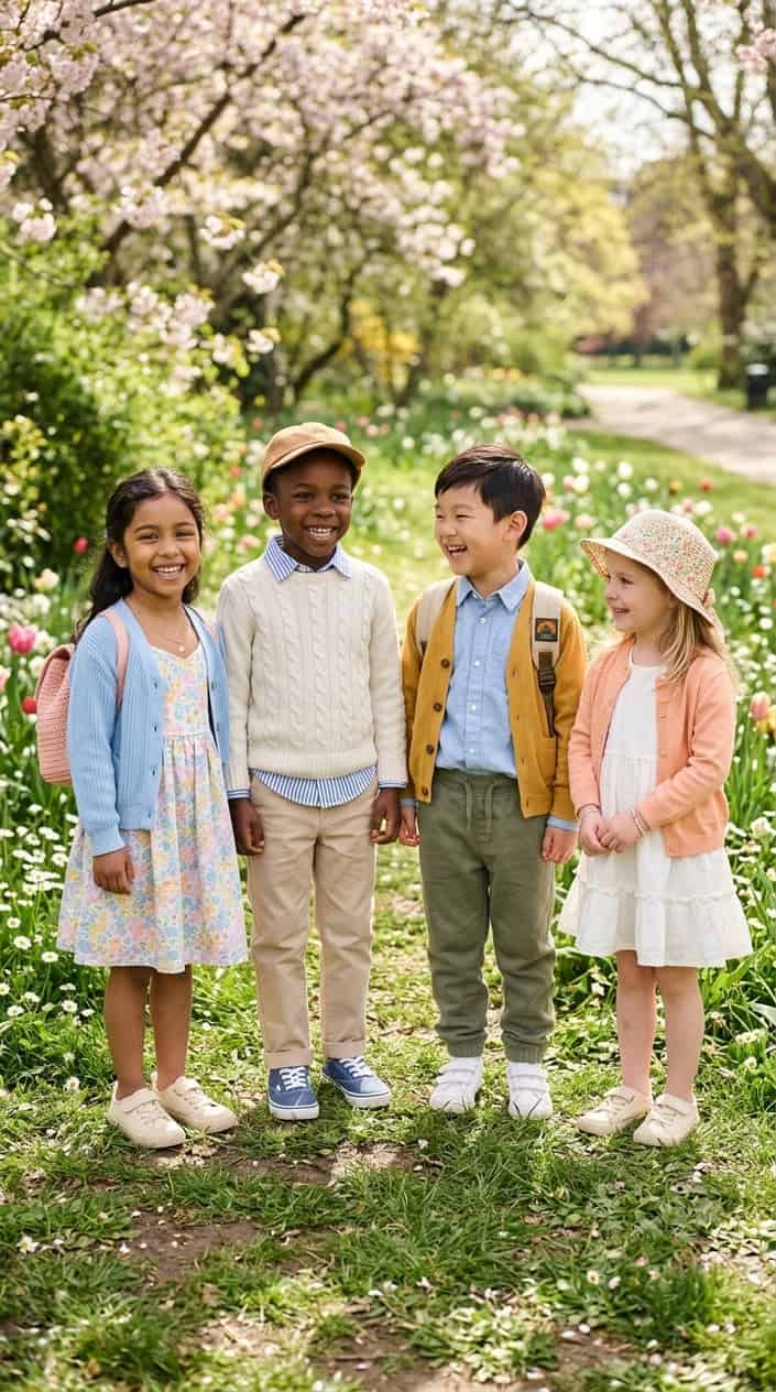 Four young children dressed in spring outfits with accessories, standing and smiling outdoors in a park with grass and flowers.