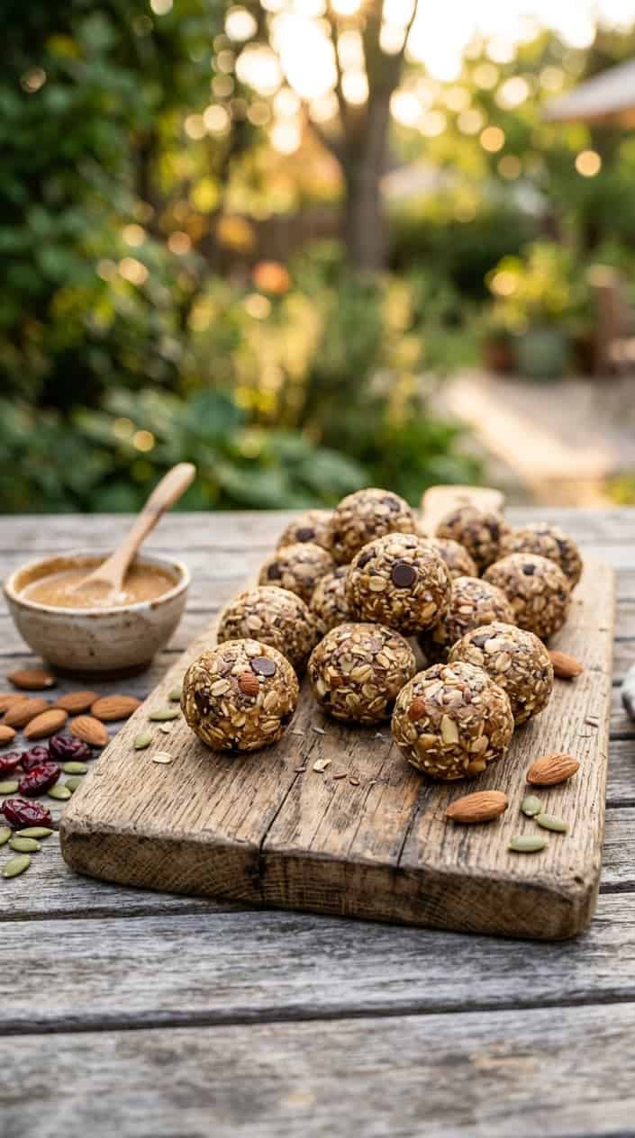 Summer Desserts That Hold Up in the Heat 11 Close-up of almond butter energy bites on a wooden board with almonds and almond butter in a sunlit backyard during golden hour.