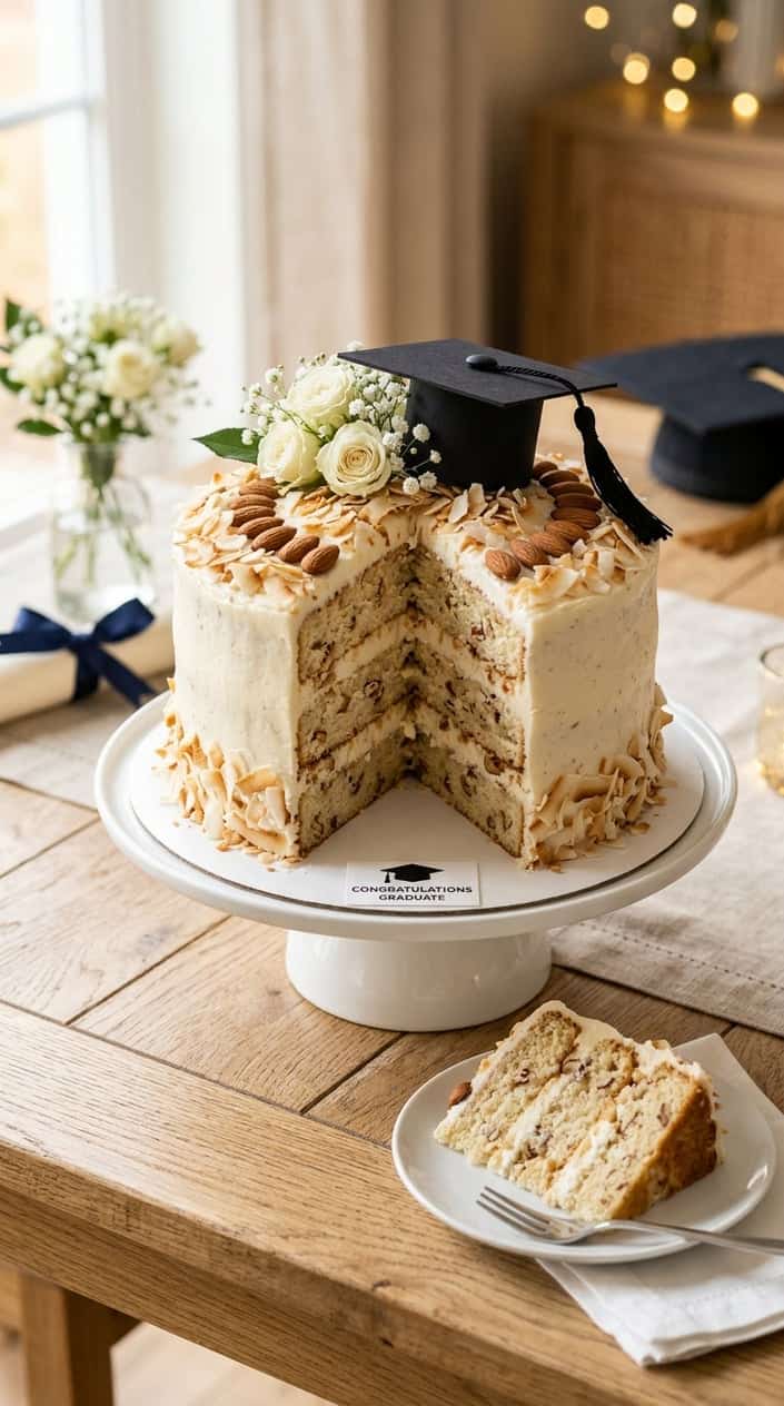 A layered coconut and almond cake decorated with toasted coconut flakes and almonds on a white cake stand with subtle graduation decorations in the background.
