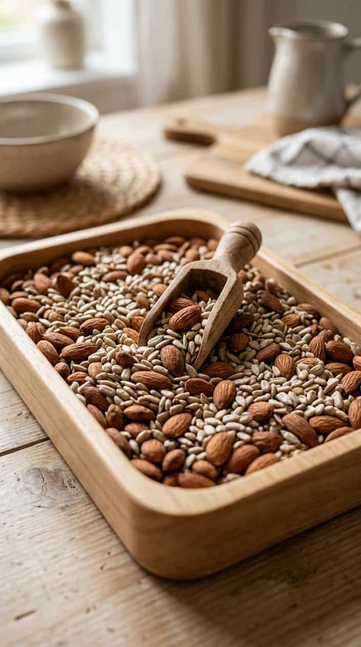 A sensory bin filled with almonds and shelled sunflower seeds with a wooden scoop inside, set on a wooden table in a kitchen.