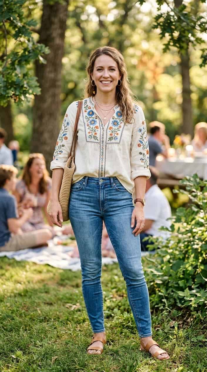Summer Family Picture Outfits That Coordinate Without Looking Matchy 13 A woman wearing an embroidered blouse and jeans stands outdoors, smiling softly with a blurred natural background.