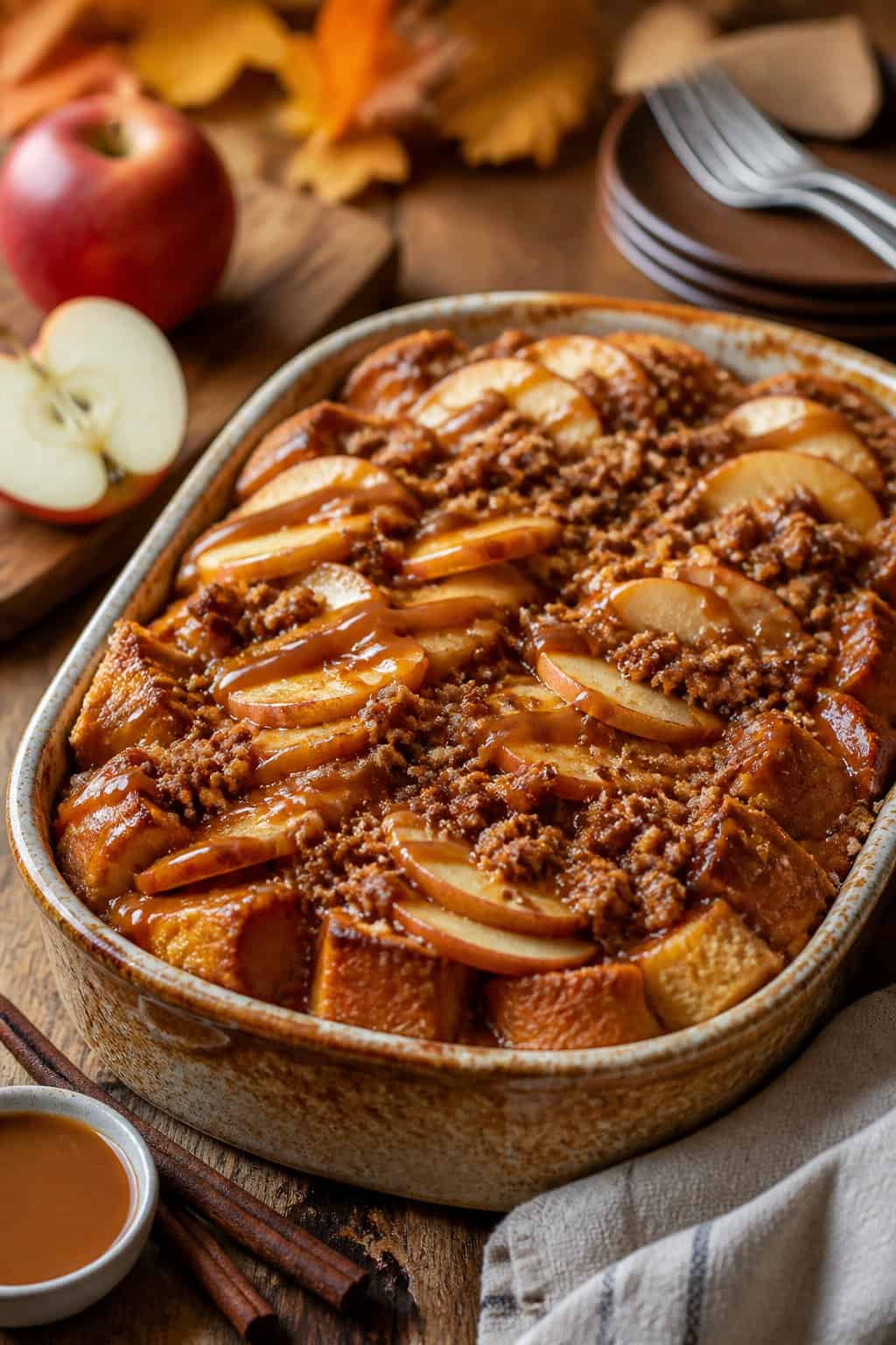 A baked French toast casserole topped with caramelized apple slices and a golden streusel crust in a cream ceramic dish on a wooden table.