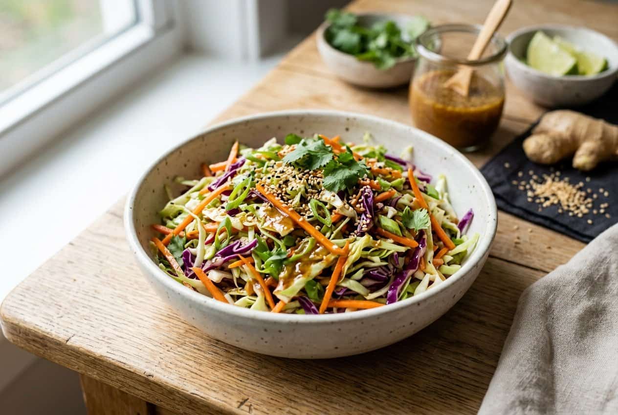 A deep bowl of shredded green and purple cabbage slaw flecked with orange carrot ribbons, sliced green onions, and cilantro, scattered with white sesame seeds, on a wooden surface.