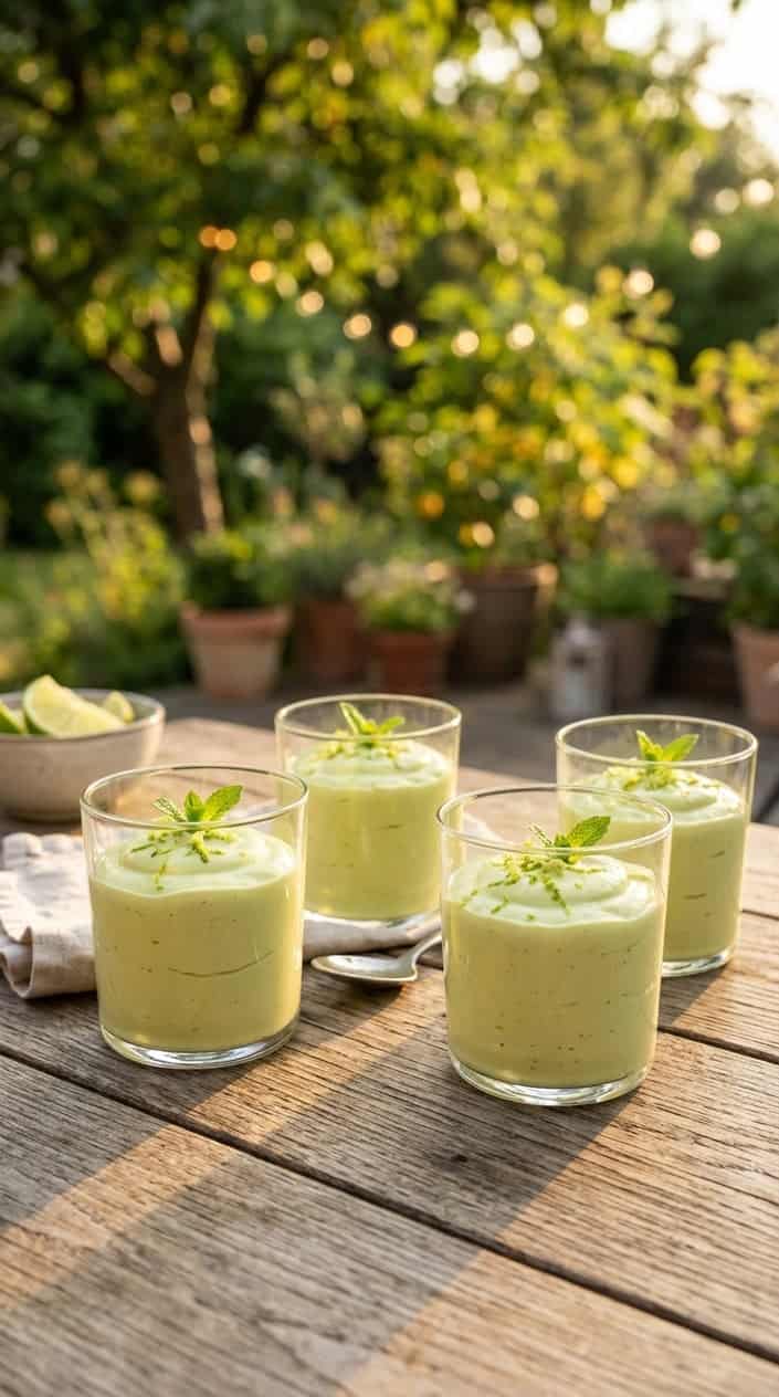 Summer Desserts That Hold Up in the Heat 6 Clear glass cups filled with pale green avocado lime mousse topped with lime zest and mint leaves on a wooden table outdoors during sunset.