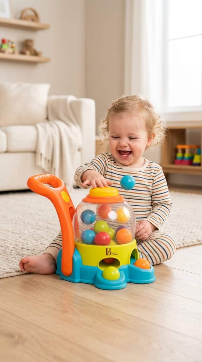 A baby playing with a colorful Busy Ball Popper toy that pops balls when pushed.