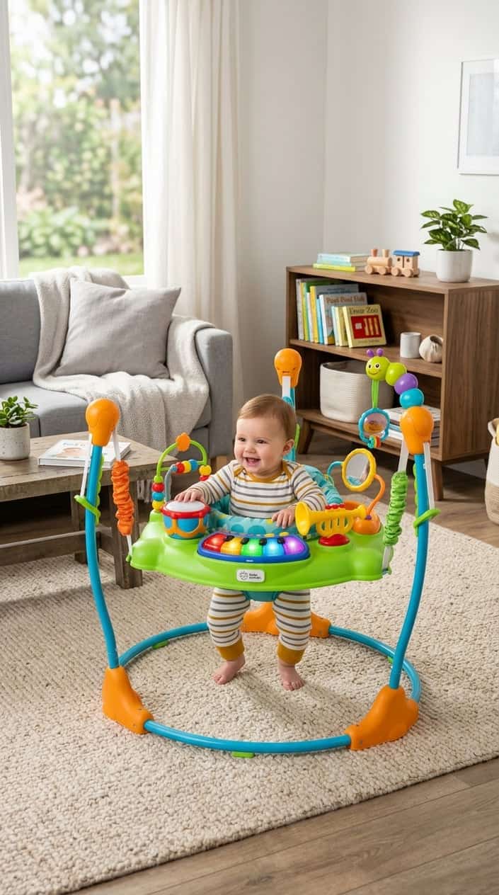 A baby sitting and playing in a colorful activity jumper with musical toys in a bright living room.