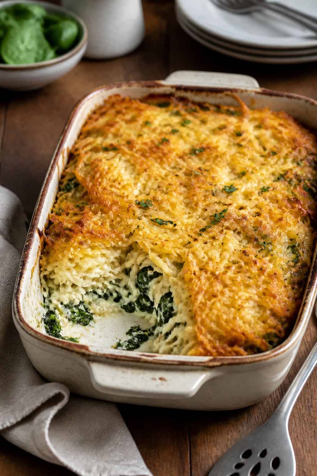 A baked casserole dish filled with baby spinach, ricotta cheese, and crispy hashbrowns on a wooden table with a serving spatula nearby.