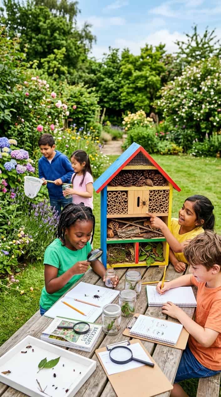 Children exploring a backyard bug hotel and observation station surrounded by plants and trees.