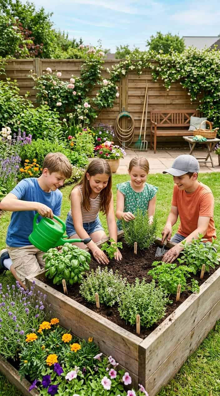 18 Kid-Friendly Outdoor Summer Activities for Tweens and Older Kids 16 A child pressing dark soil around a small basil plant in a terracotta pot on a wooden porch rail, a row of labeled herb pots lined up behind them in afternoon sunlight.