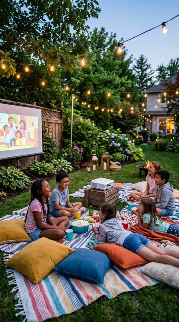 Summer Activities for Kids Beyond Going Outside 7 Children sitting on blankets in a backyard watching a movie projected on a screen with string lights overhead.