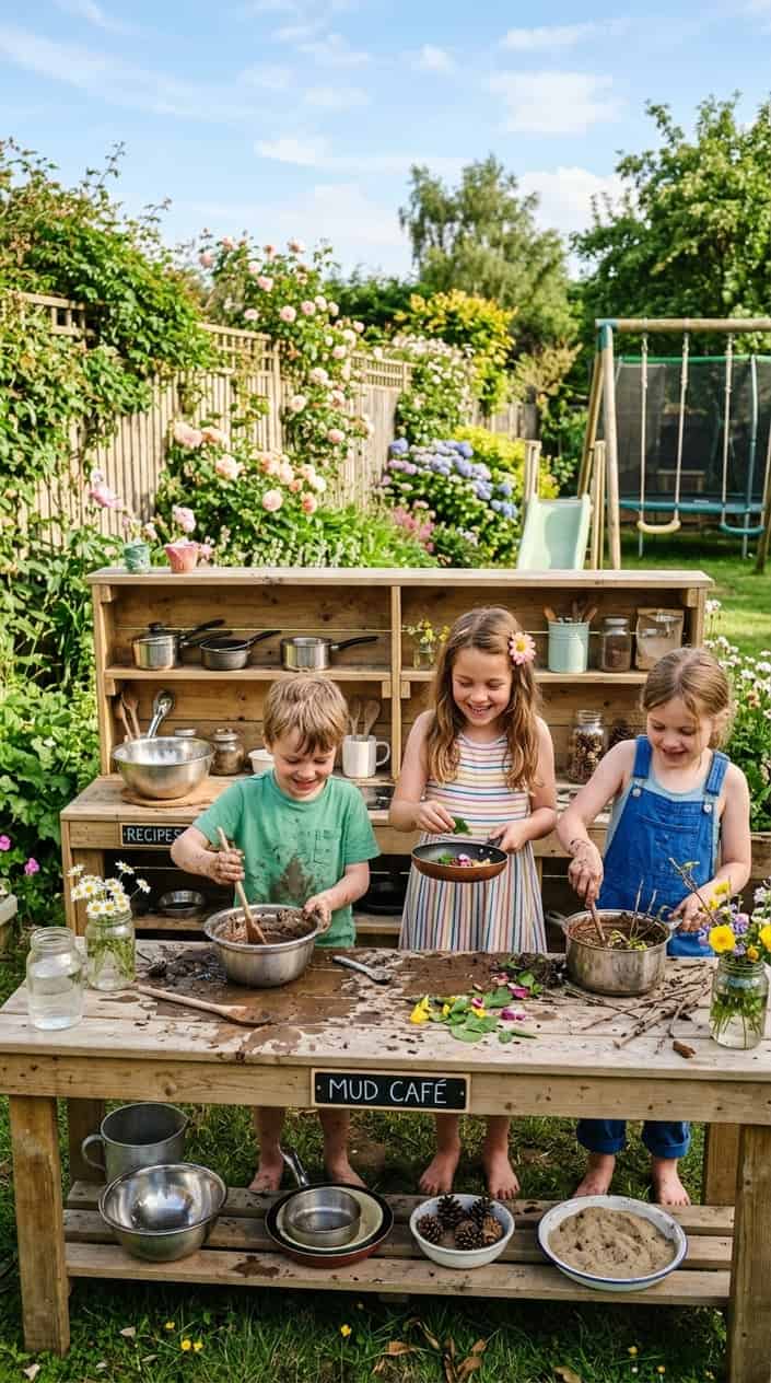 Children playing and making mud recipes at a wooden mud kitchen in a sunny backyard garden.