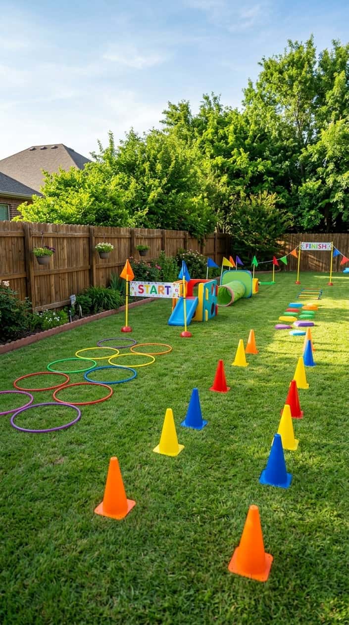 Backyard with cones and hula hoops arranged as an obstacle course on green grass.