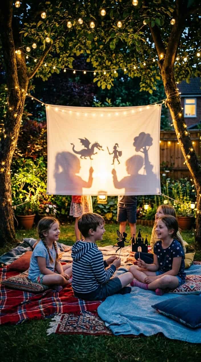 Children playing with homemade shadow puppets in a backyard at night, illuminated by string lights.
