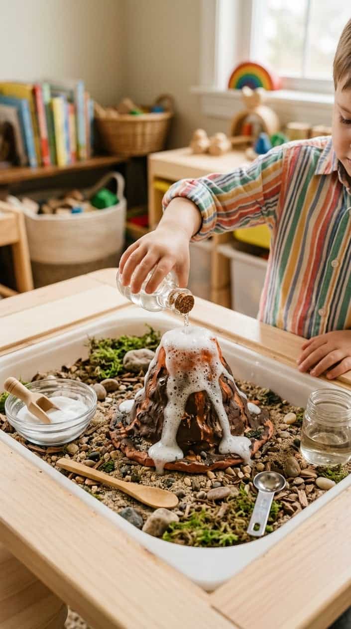A child's hand pouring vinegar into a small volcano model in a sensory bin filled with sand and moss, causing a foamy eruption.