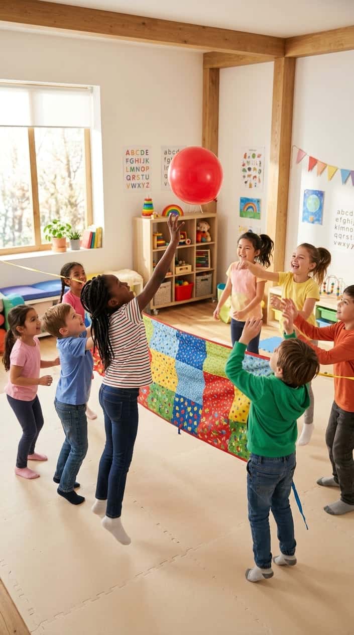 Children playing balloon volleyball over a stretched sheet indoors, actively hitting a balloon and having fun.