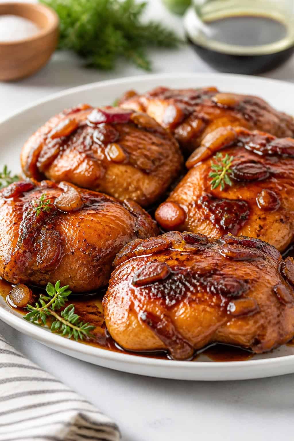 Balsamic glazed chicken thighs on a plate with a dark, syrupy glaze and soft caramelized shallot pieces, garnished with chopped fresh herbs.