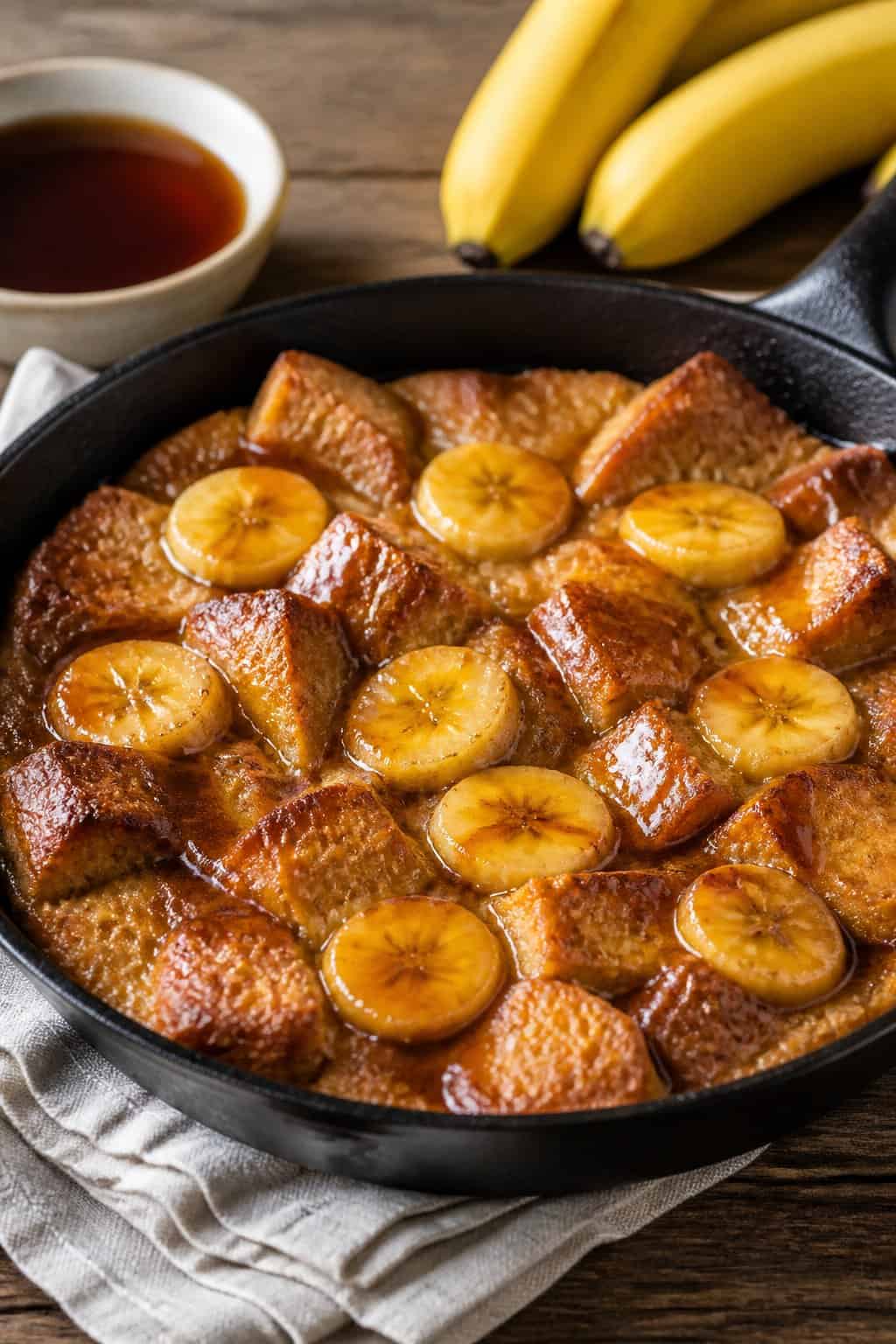 A cast iron skillet filled with baked French toast topped with caramelized banana slices and a glossy caramel sauce on a wooden table.