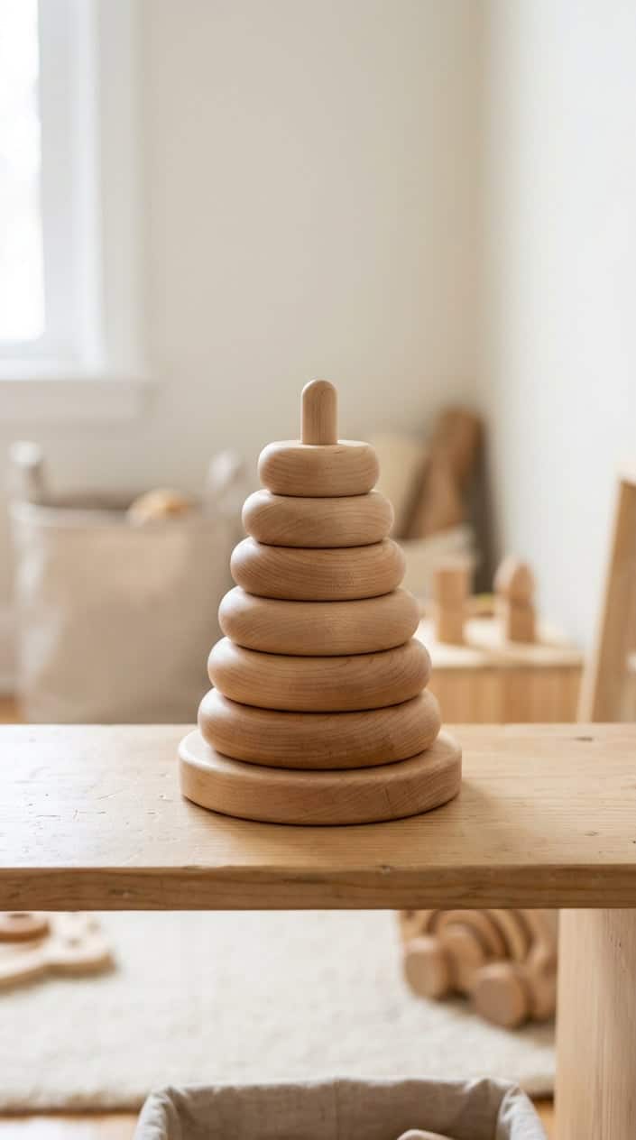 A wooden ring stacker toy with natural wood rings arranged on a peg, placed on a light wooden surface in a softly lit room.