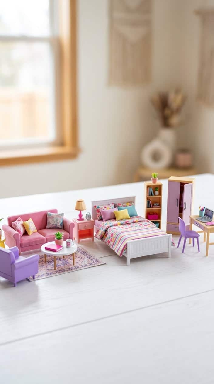 A neatly arranged Barbie DreamHouse Mini Furniture Set with small colorful furniture pieces on a white surface.
