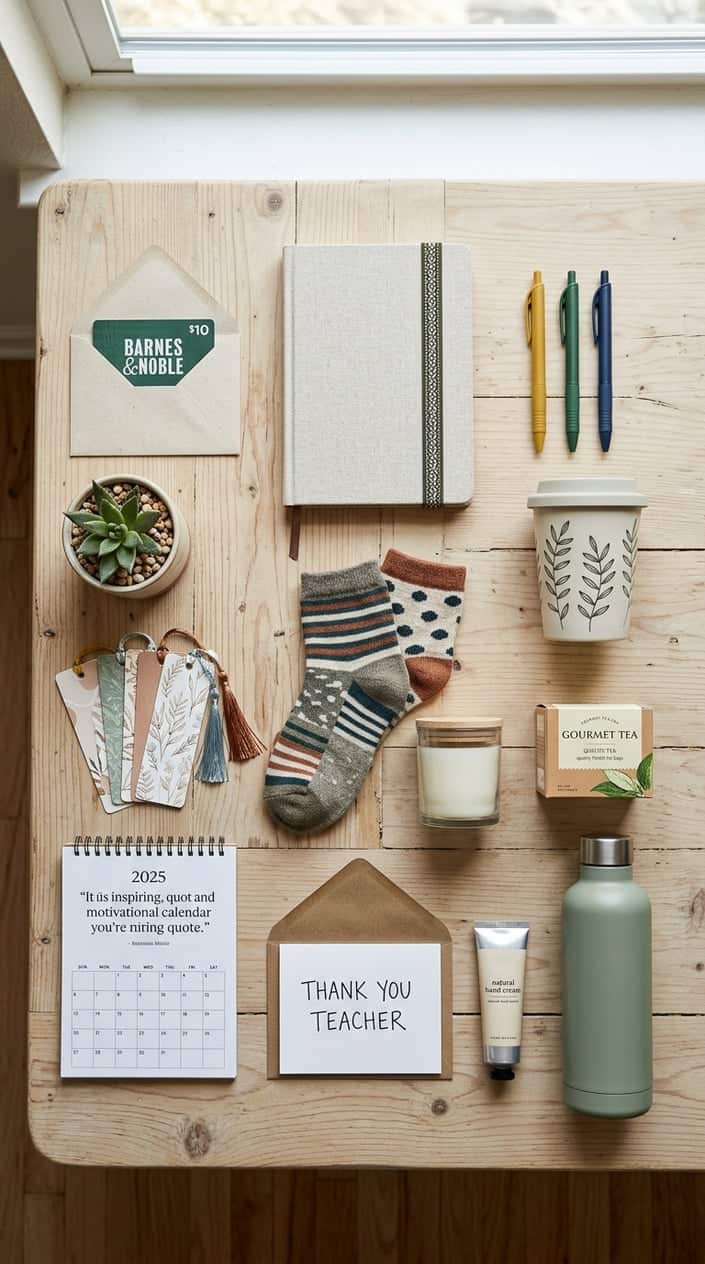 A flat lay of twelve affordable teacher gifts arranged neatly on a wooden table, including a gift card envelope, notebook, pens, plant, coffee cup, bookmarks, socks, candle, tea box, desk calendar, and thank-you card.