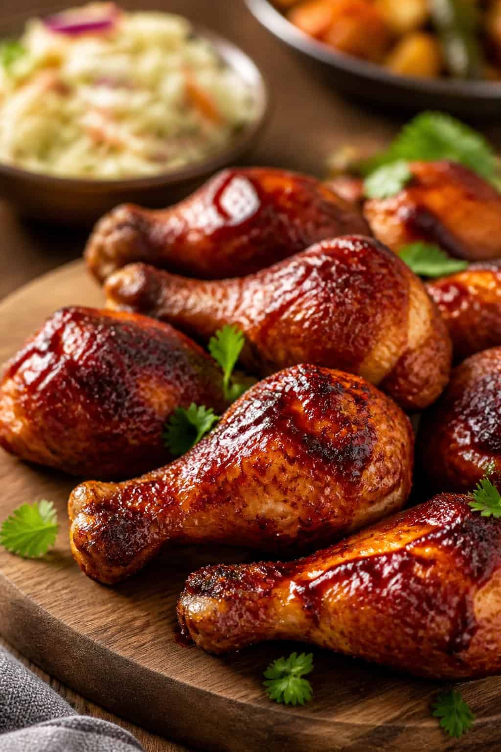 Close-up of deeply caramelized BBQ brown sugar chicken drumsticks stacked on a wood cutting board with a fresh herb garnish.