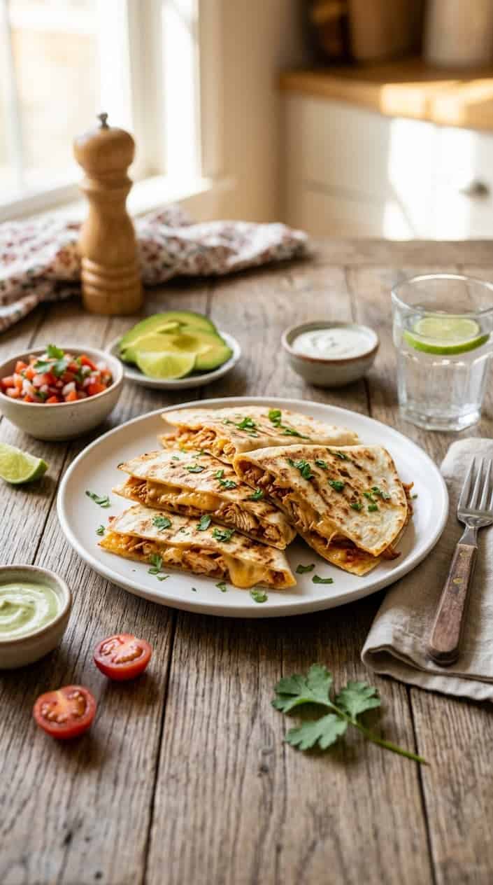 20 Easy Kid-Friendly Meals Made From Scratch 6 A plate of BBQ chicken quesadillas with fresh avocado slices, cherry tomatoes, lime wedges, and salsa on a wooden table.