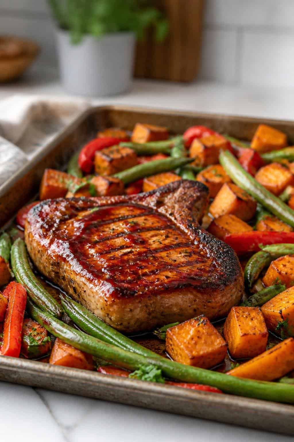 A thick bone-in pork chop glazed with dark BBQ sauce resting beside cubed roasted sweet potatoes and colorful mixed vegetables on a foil-lined rimmed baking sheet.