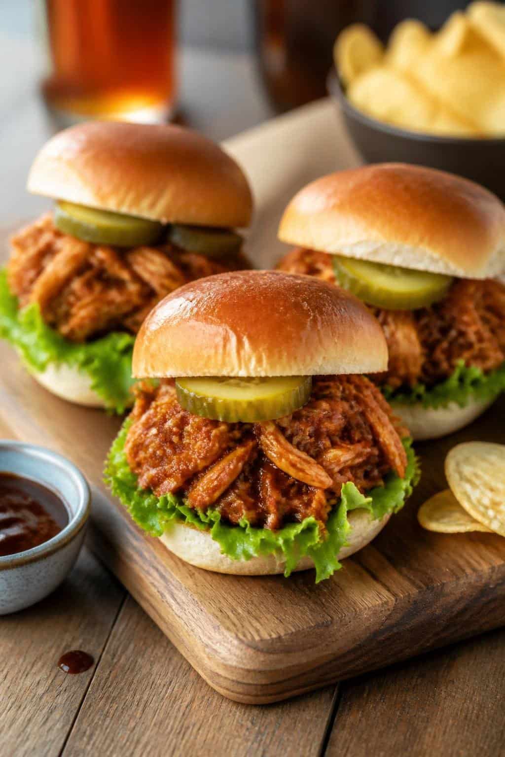 Close-up of BBQ pulled chicken sliders with lettuce and pickles on a wooden board, accompanied by a bowl of BBQ sauce and potato chips.