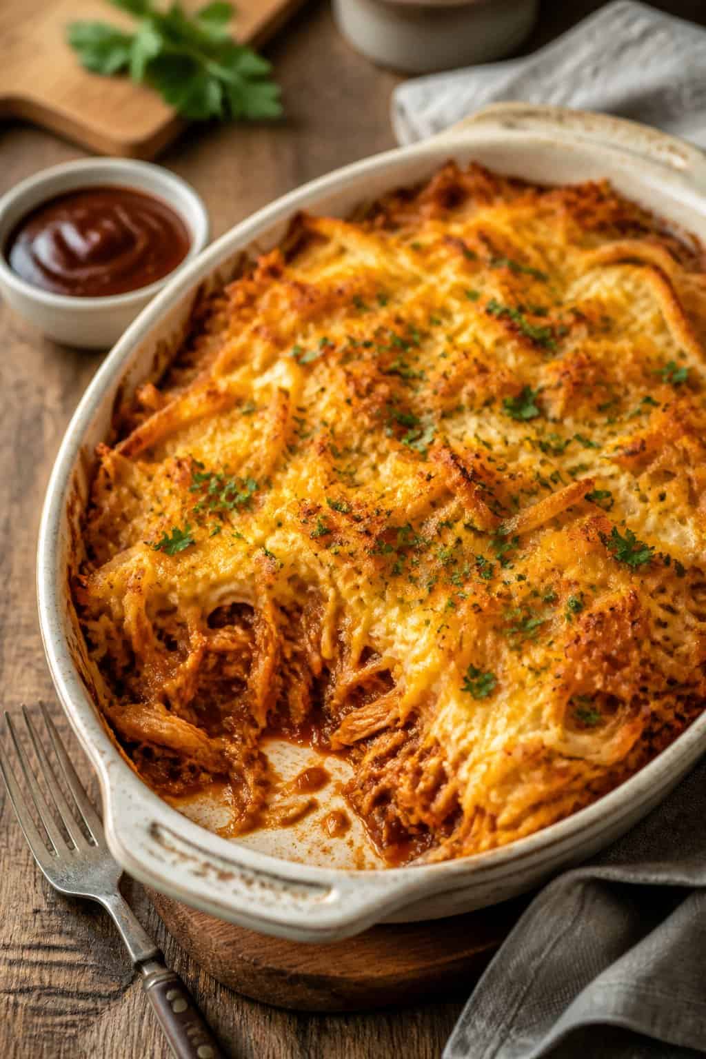 A baked BBQ pulled pork hashbrown casserole in a ceramic dish on a wooden table with a fork and barbecue sauce nearby.