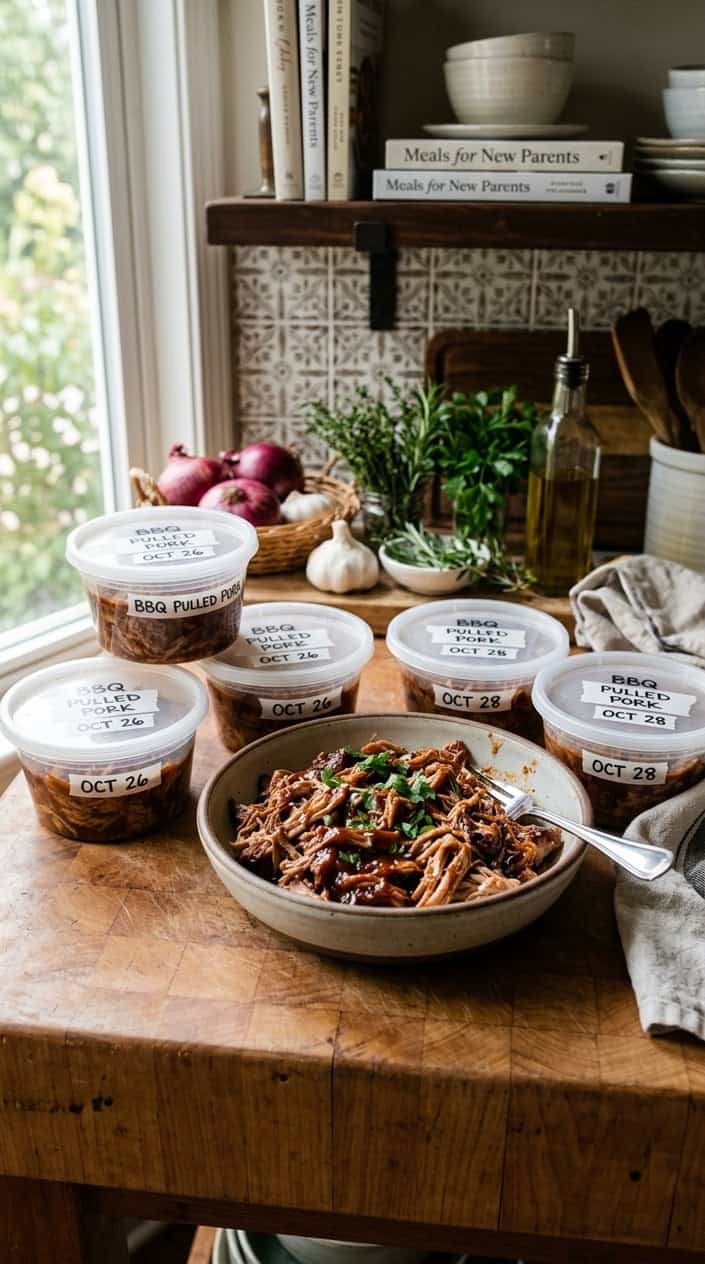 A bowl of slow-cooked BBQ pulled pork with containers of prepared freezer portions on a kitchen counter.