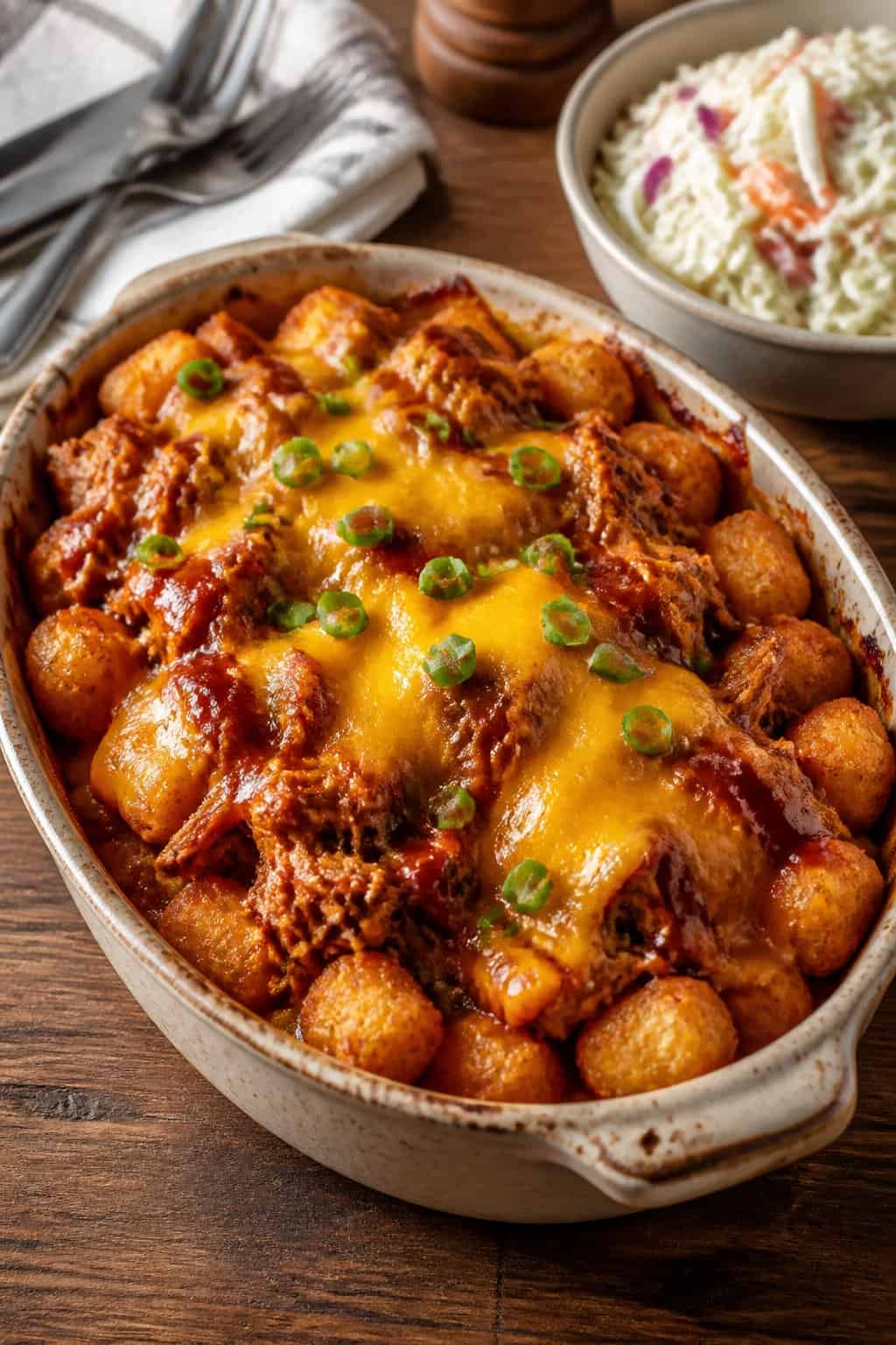 A BBQ pulled pork tater tot casserole in a rectangular baking dish with golden tots covering the top, shredded pork and melted cheddar visible at the edges, and a bowl of coleslaw beside it on a wooden table.