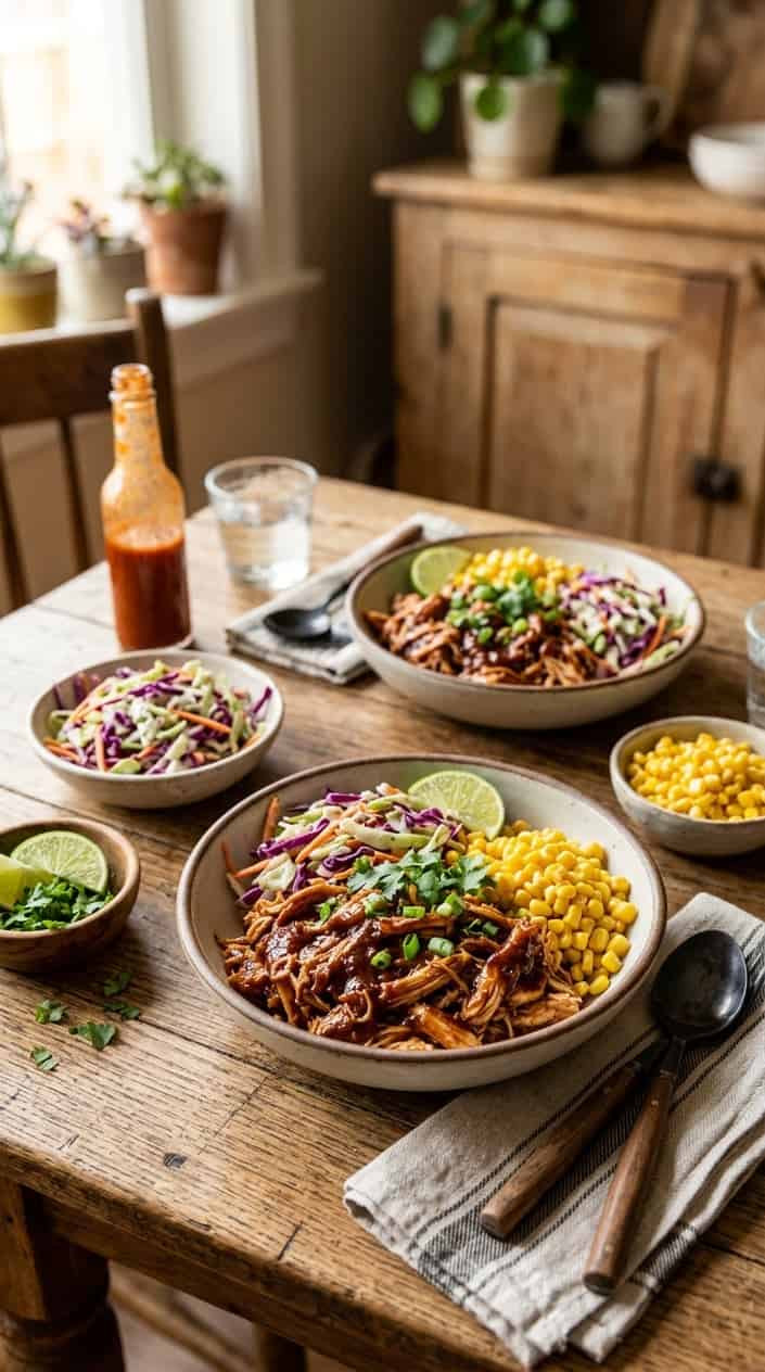 17 Crockpot Chicken Tacos and Bowls for Busy Families 5 Wide bowls of saucy BBQ ranch shredded chicken over rice, topped with pale green cabbage slaw, bright yellow corn, and a squeeze of lime on a wooden table.