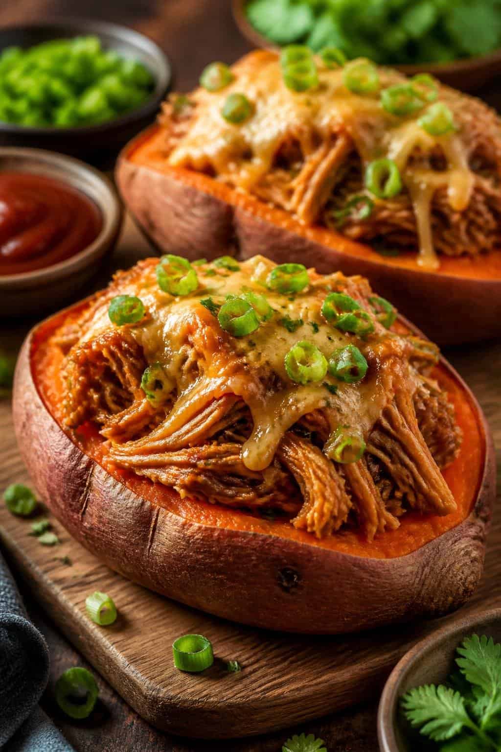 Two halved roasted sweet potatoes on a wooden table, their orange flesh topped with saucy BBQ shredded chicken, a scattering of shredded cheddar, and sliced green onions, with small bowls of BBQ sauce and fresh herbs nearby.