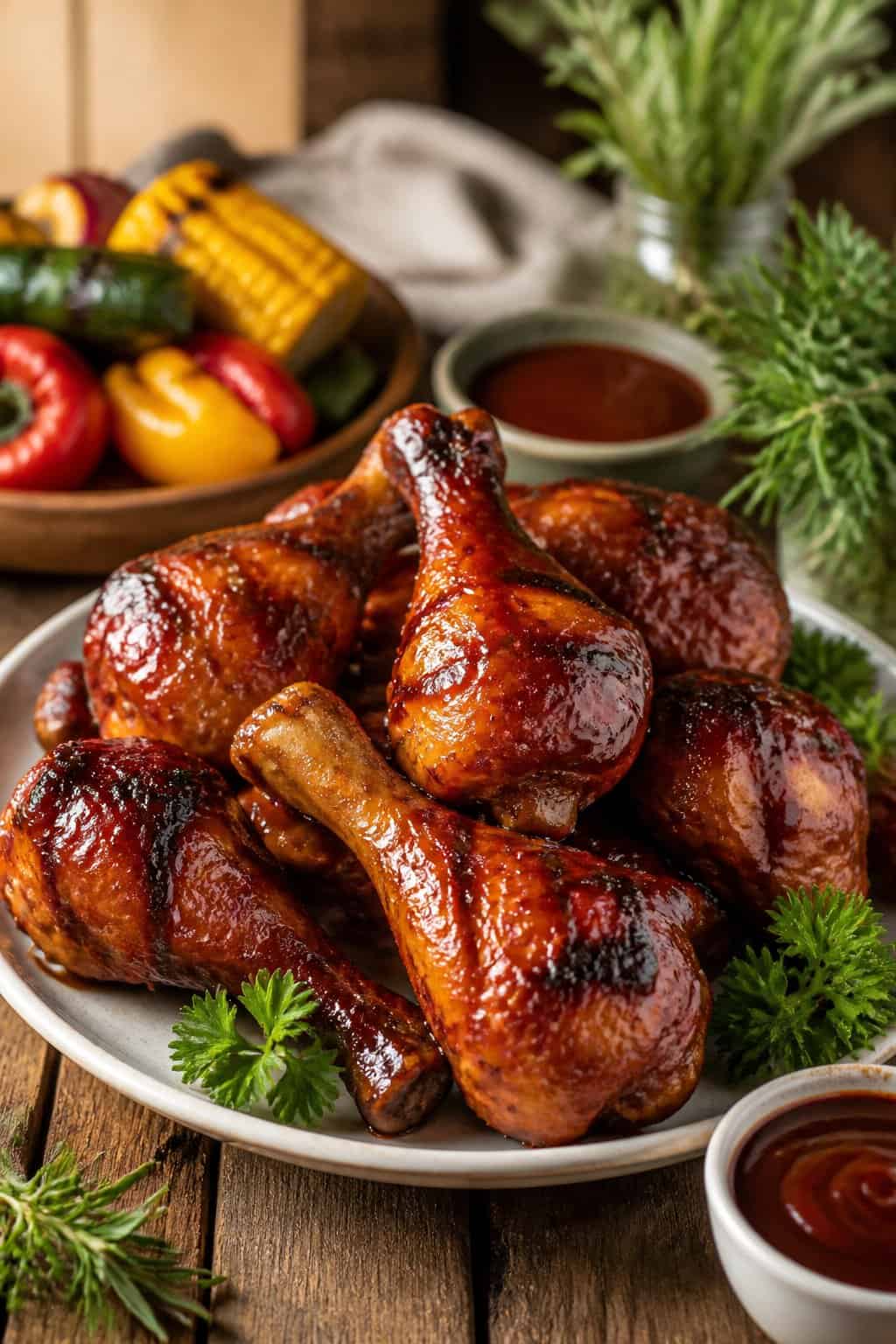 Deeply glazed BBQ chicken drumsticks piled on a round wooden plate with grilled vegetables and a scatter of fresh herbs alongside.