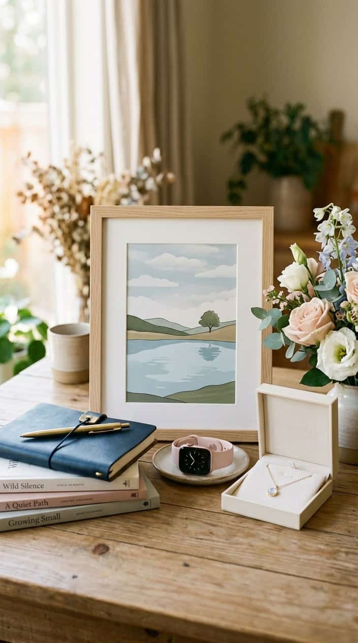 A peaceful still life scene with a framed artwork, jewelry box, books, journal, smartwatch, and flowers arranged on a wooden table with soft natural light.