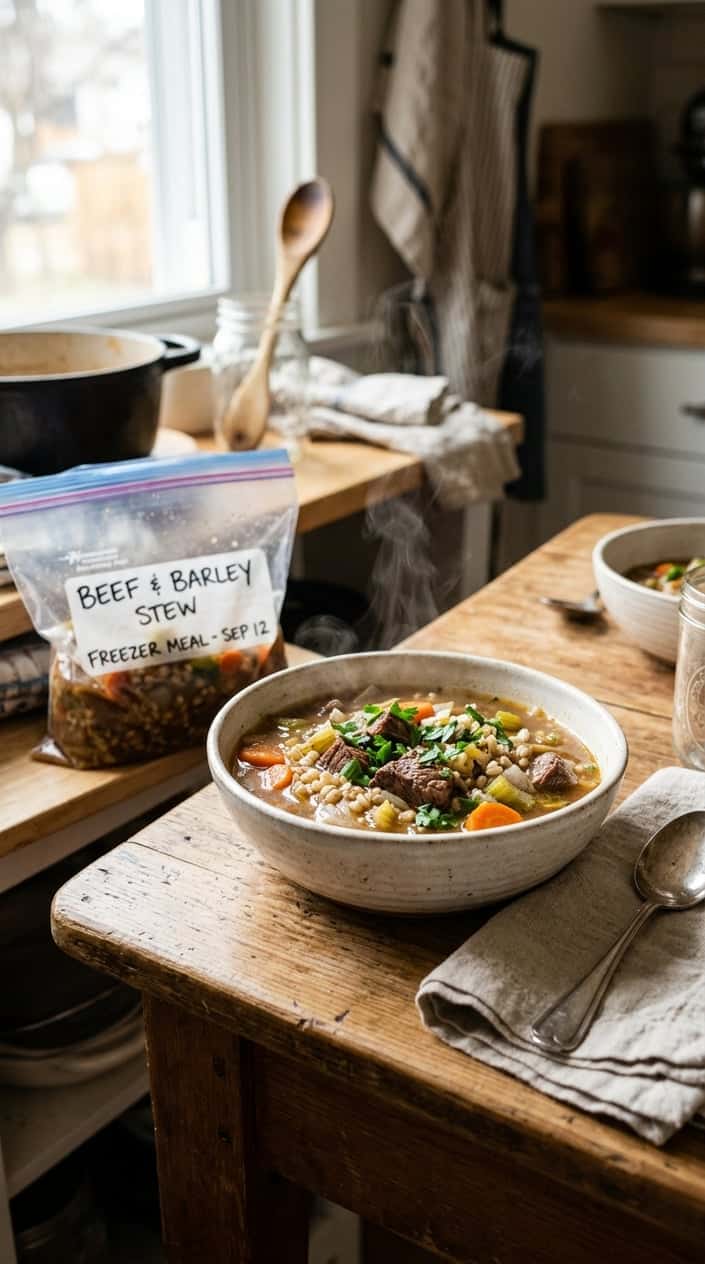 A bowl of beef and barley stew on a wooden table with a spoon and a freezer bag in the background.