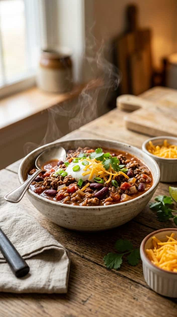 A steaming bowl of beef chili with beans on a wooden table, accompanied by a spoon, shredded cheese, and fresh cilantro.