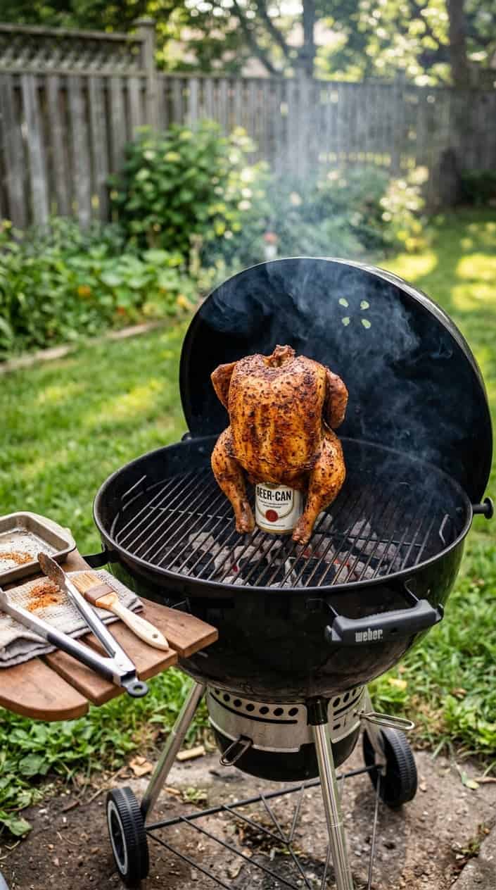 A whole beer-can BBQ chicken cooking upright on a backyard grill with a spice rub, surrounded by grilling tools and a green backyard.
