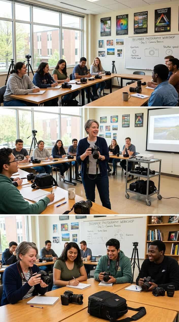 A group of young adults in a classroom attentively learning photography from an instructor holding a camera.