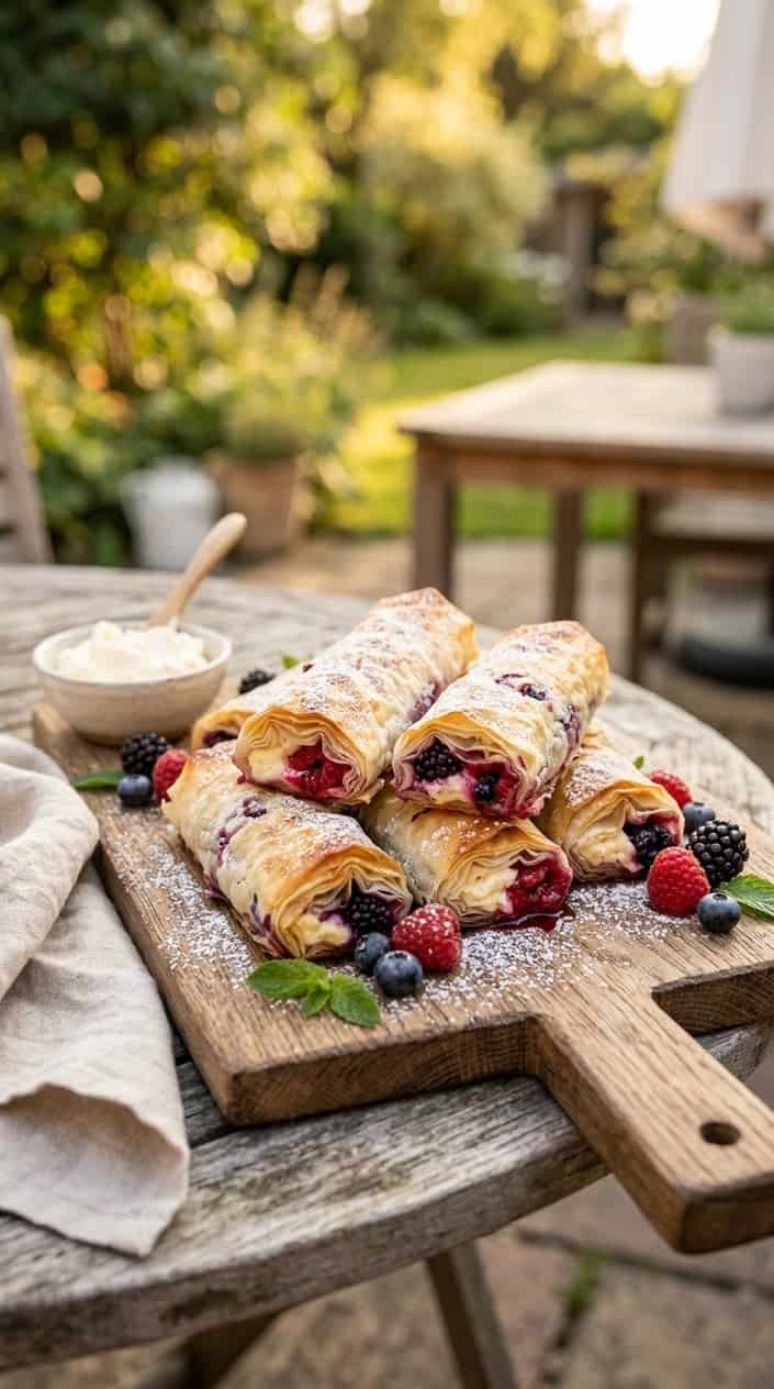 Summer Desserts That Hold Up in the Heat 14 A plate of golden phyllo rolls filled with mascarpone and mixed berries on a wooden board with berries scattered around, set outdoors in warm sunlight.