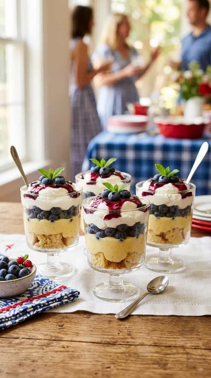 Individual cups of berry trifle layered with custard, whipped cream, and blueberry sauce on a table with subtle red, white, and blue decorations.
