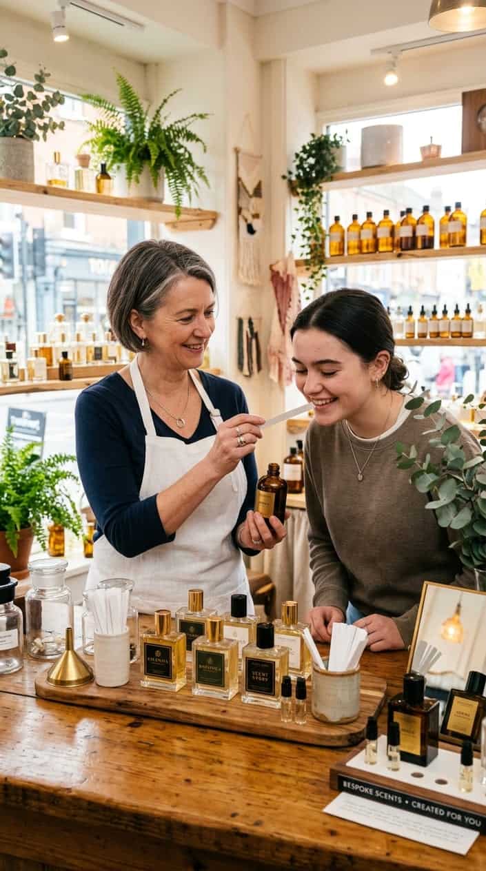 A local perfumer consulting a young woman in a boutique, showing her perfume bottles and scent samples on a wooden counter.