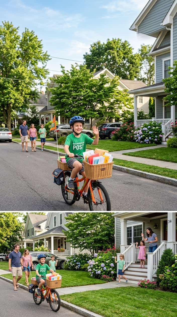 A child on a bicycle delivering mail in a sunny neighborhood with houses and people nearby.