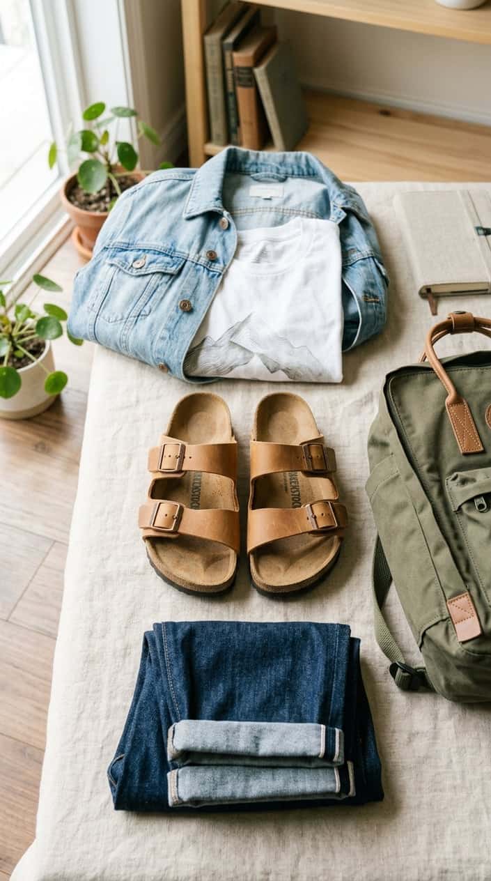 A pair of Birkenstock Arizona sandals displayed with back-to-school clothing including a denim jacket, t-shirt, jeans, and a backpack.