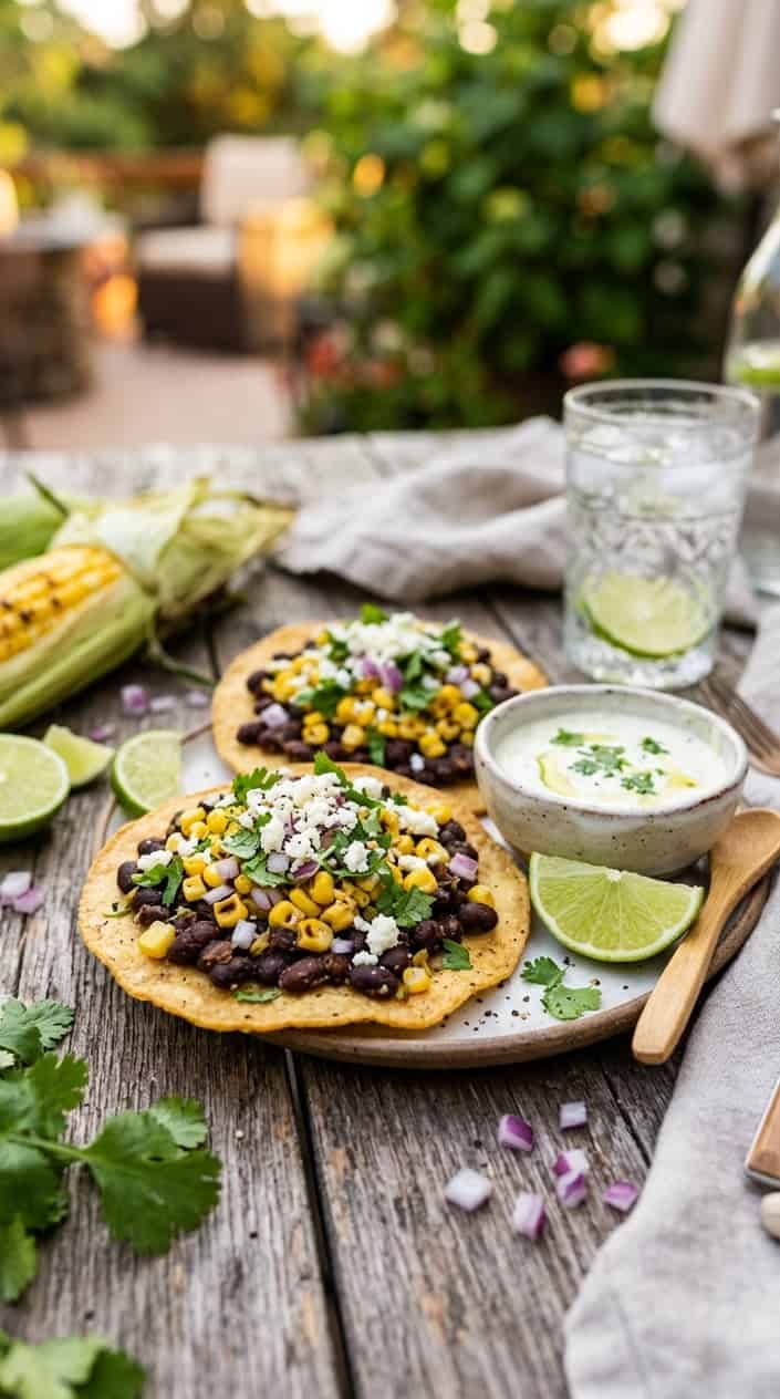 21 No-Heat Summer Dinner Recipes 15 Close-up of black bean and corn tostadas topped with fresh ingredients and a bowl of lime crema on a wooden table.