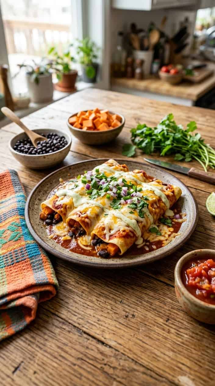 A plate of black bean and sweet potato enchiladas topped with cheese and cilantro on a wooden table with fresh ingredients around it.