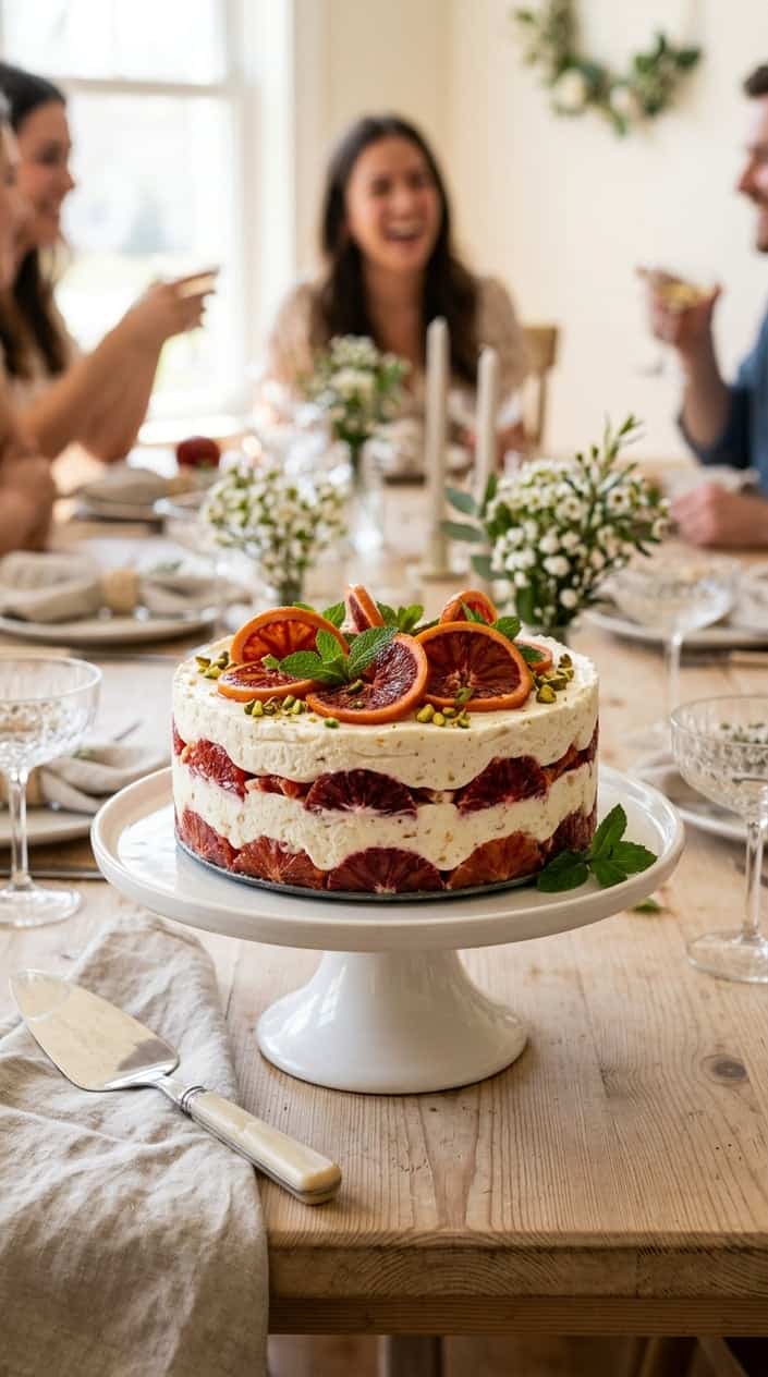 A layered semifreddo cake with blood orange slices and mint leaves on a white cake stand on a wooden table.