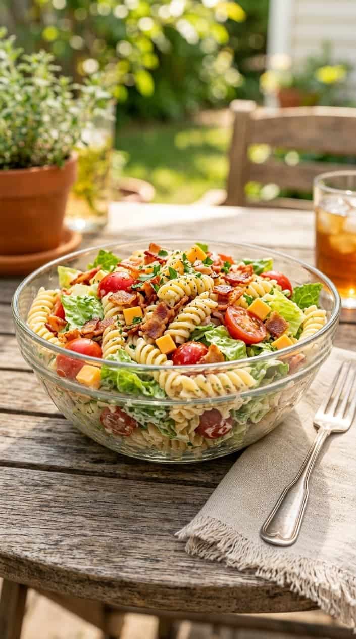 21 No-Heat Summer Dinner Recipes 12 A bowl of BLT pasta salad with bacon, cherry tomatoes, lettuce, and creamy dressing on a wooden table.