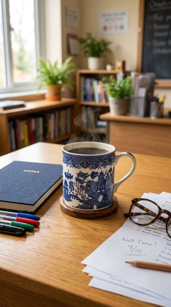 A Blue Willow ceramic mug filled with a hot beverage on a wooden desk surrounded by a notebook, pens, and reading glasses.