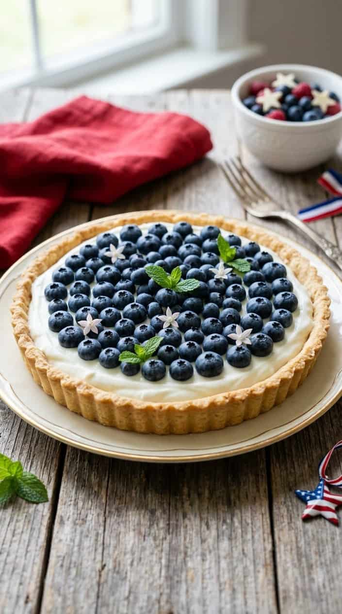 A blueberry Greek yogurt tart on a wooden table, topped with fresh blueberries and a golden crust.